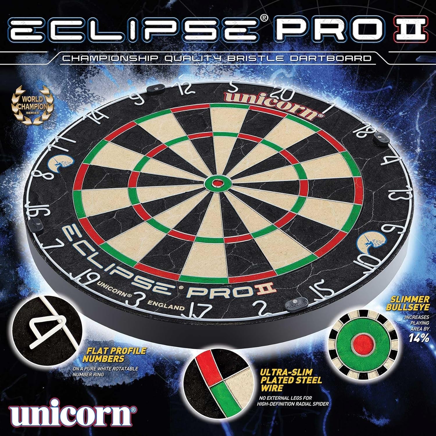 Dartboard | Eclipse Pro 2 | Flat Profile Number Ring | Championship Quality Sisal Bristle | Staple-Free Construction