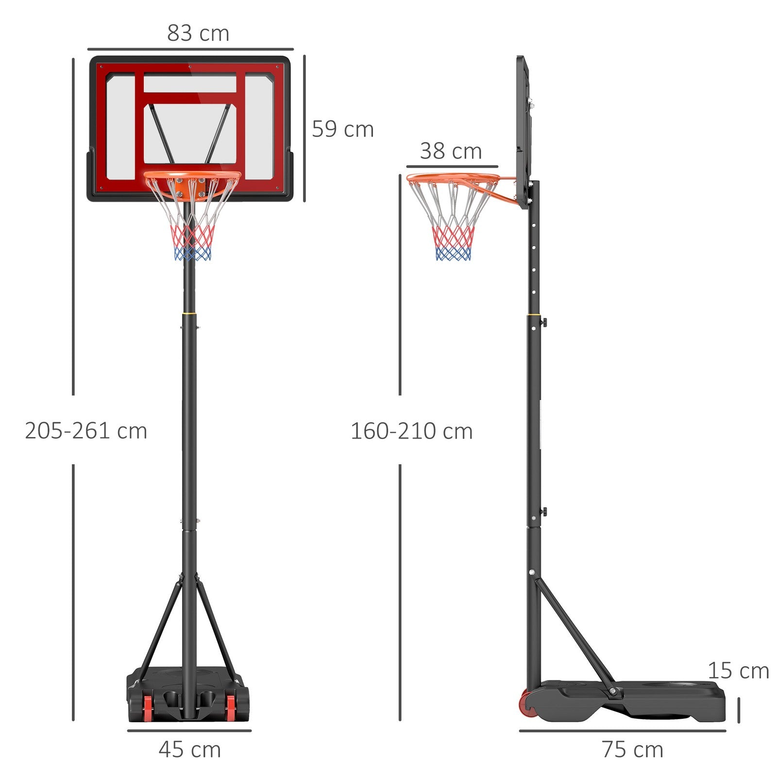 HOMCOM Basketball Stand 160-210Cm Adjustable Height Sturdy Hoop W/ Wheels Base