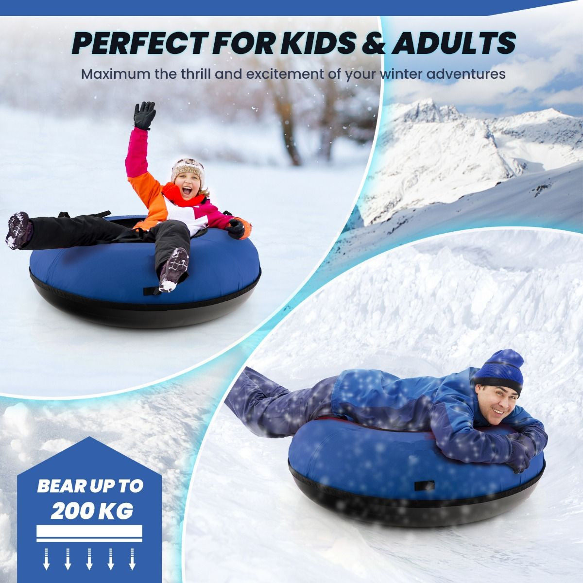 Heavy-Duty Snow Tube for Adults Kids with Seat Cushion