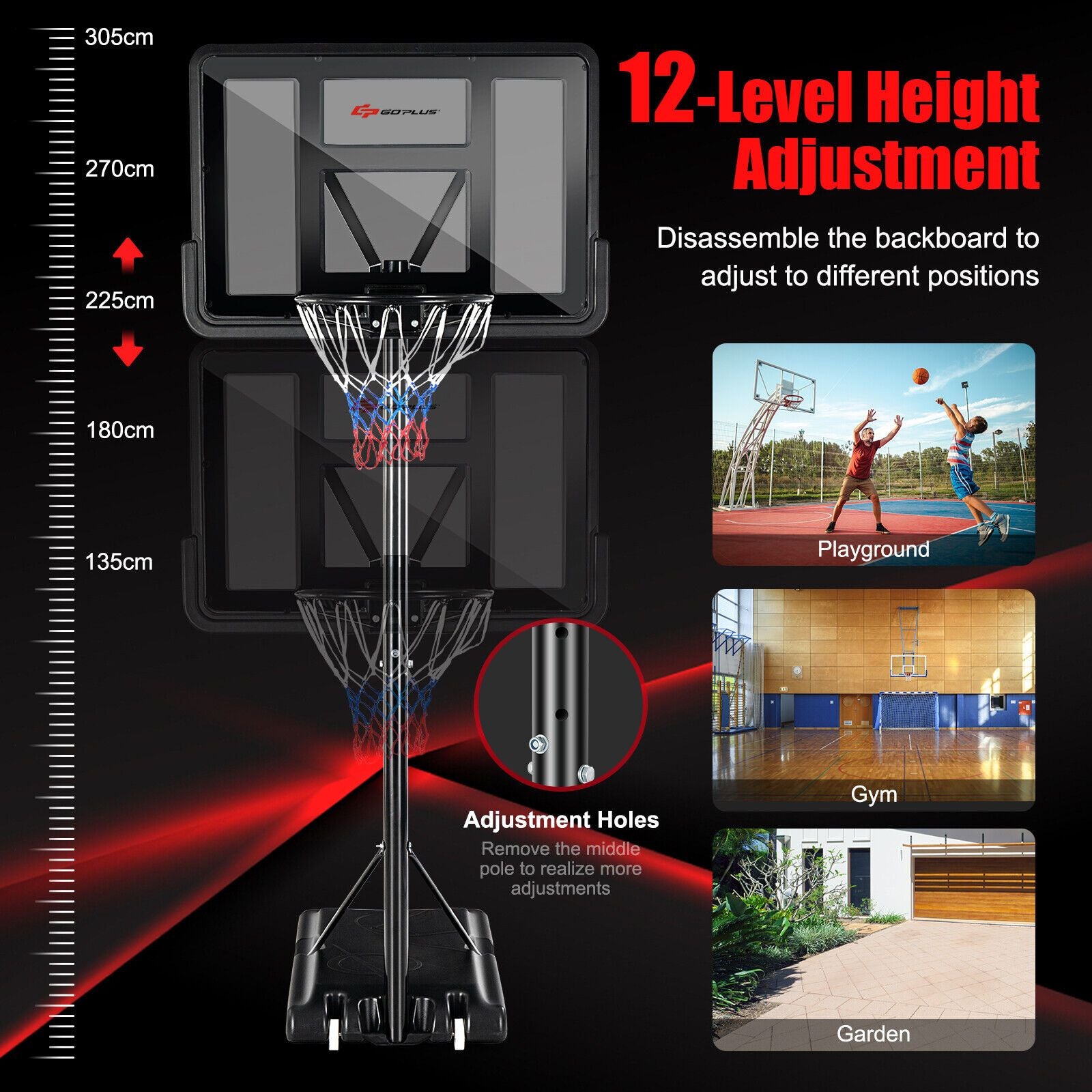 Portable Basketball Hoop with 1.35-3.05M Adjustable Height