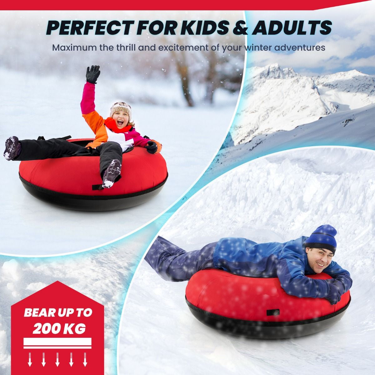 Heavy-Duty Snow Tube for Adults Kids with Seat Cushion