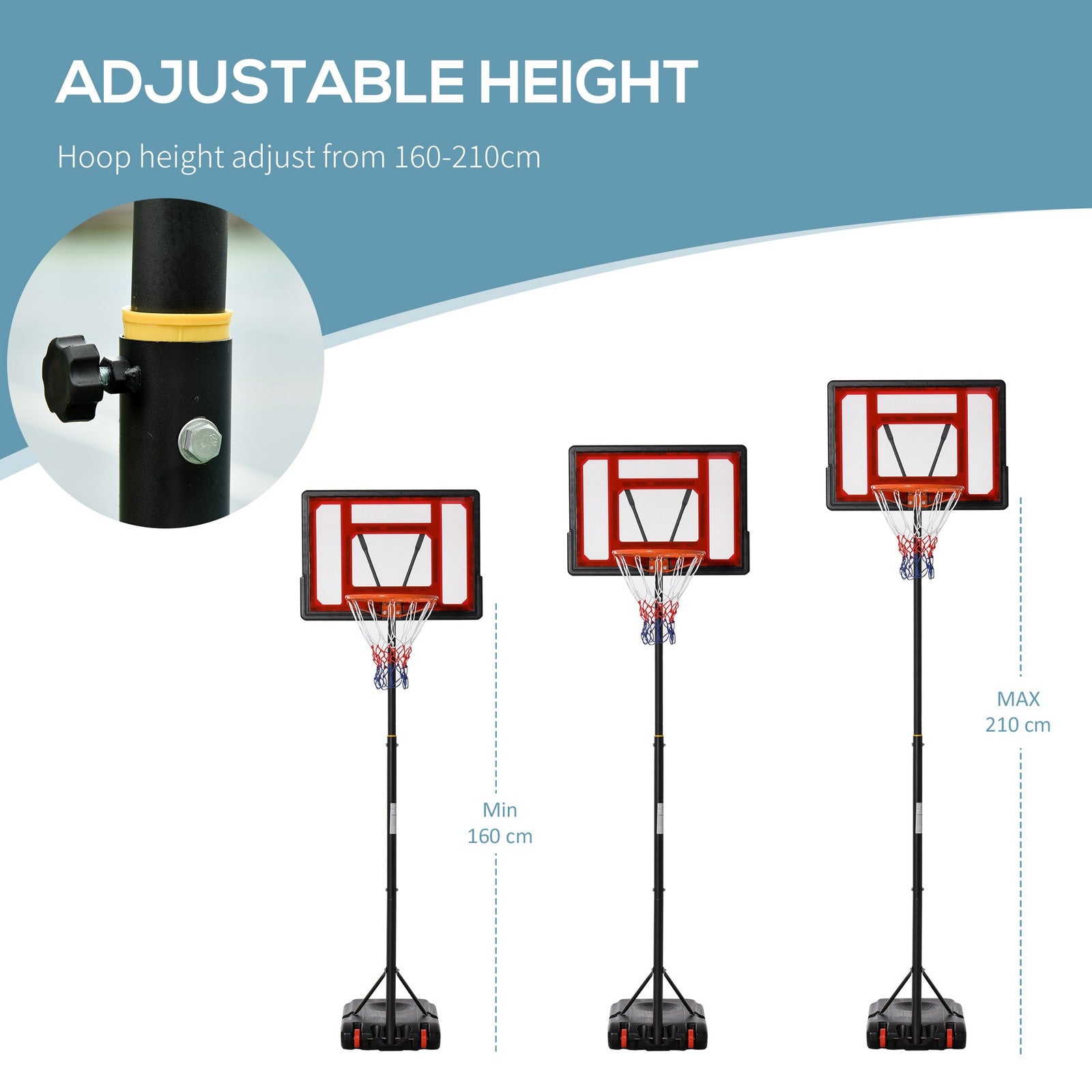 HOMCOM Basketball Stand 160-210Cm Adjustable Height Sturdy Hoop W/ Wheels Base