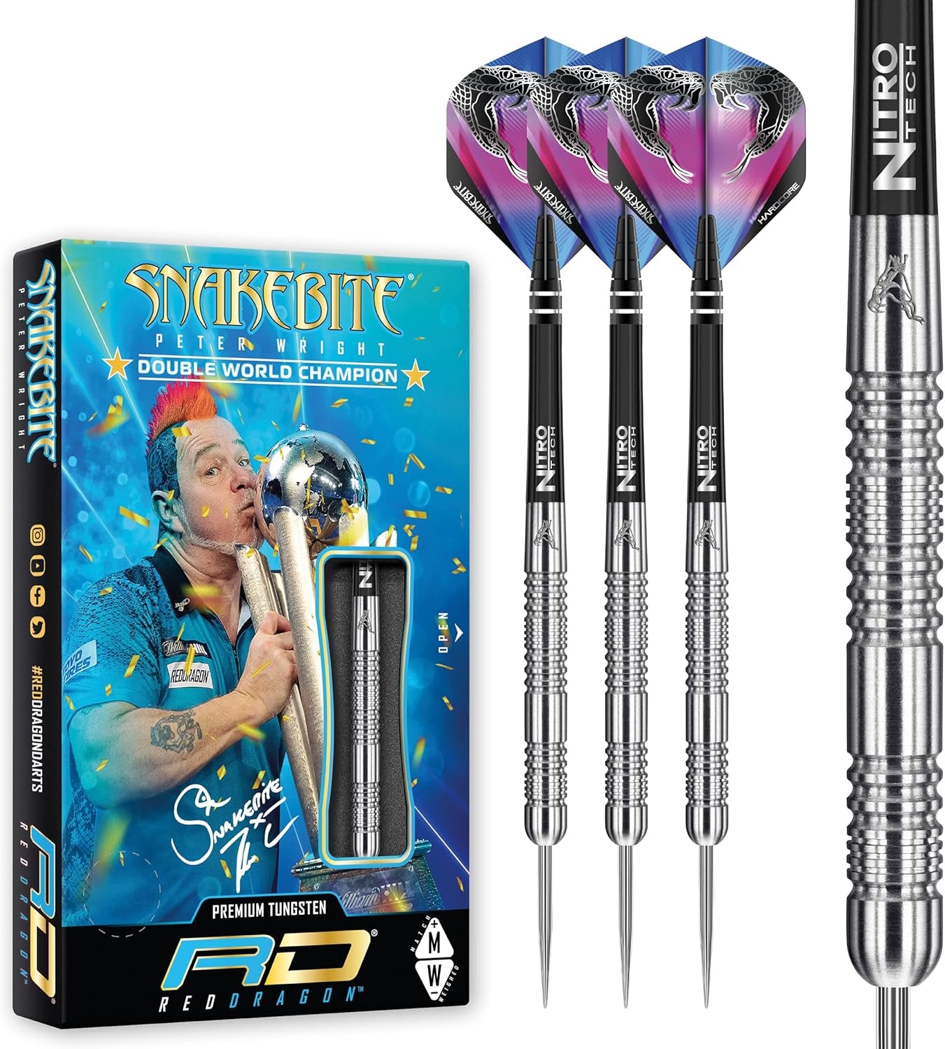 Peter Wright Snakebite Euro 11: 20G or 24G Tungsten Darts Set with Flights and Stems