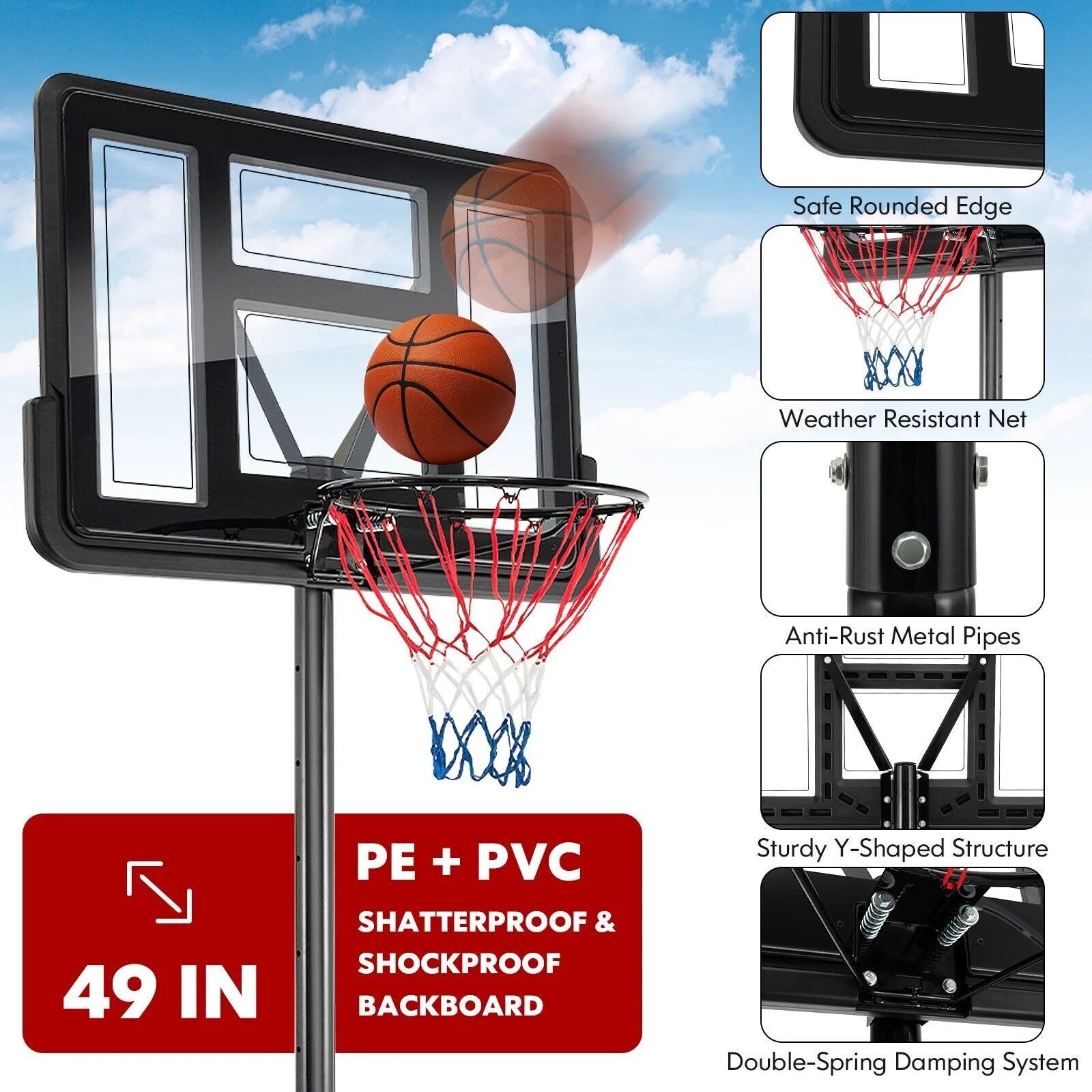 135-305Cm Adjustable Basketball Hoop System with 2 Nets