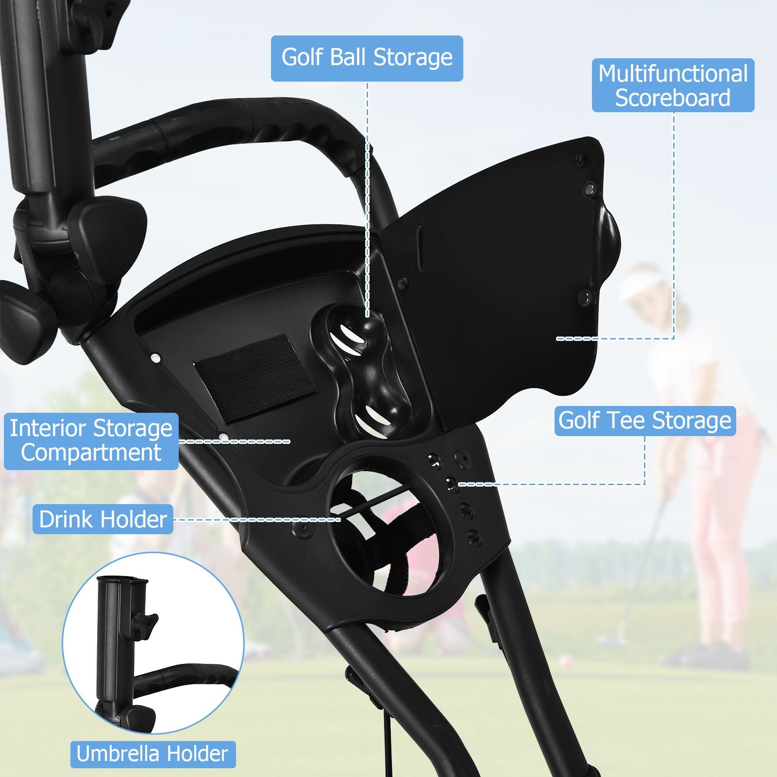 3 Wheel Golf Push Pull Cart with Adjustable Height Handle