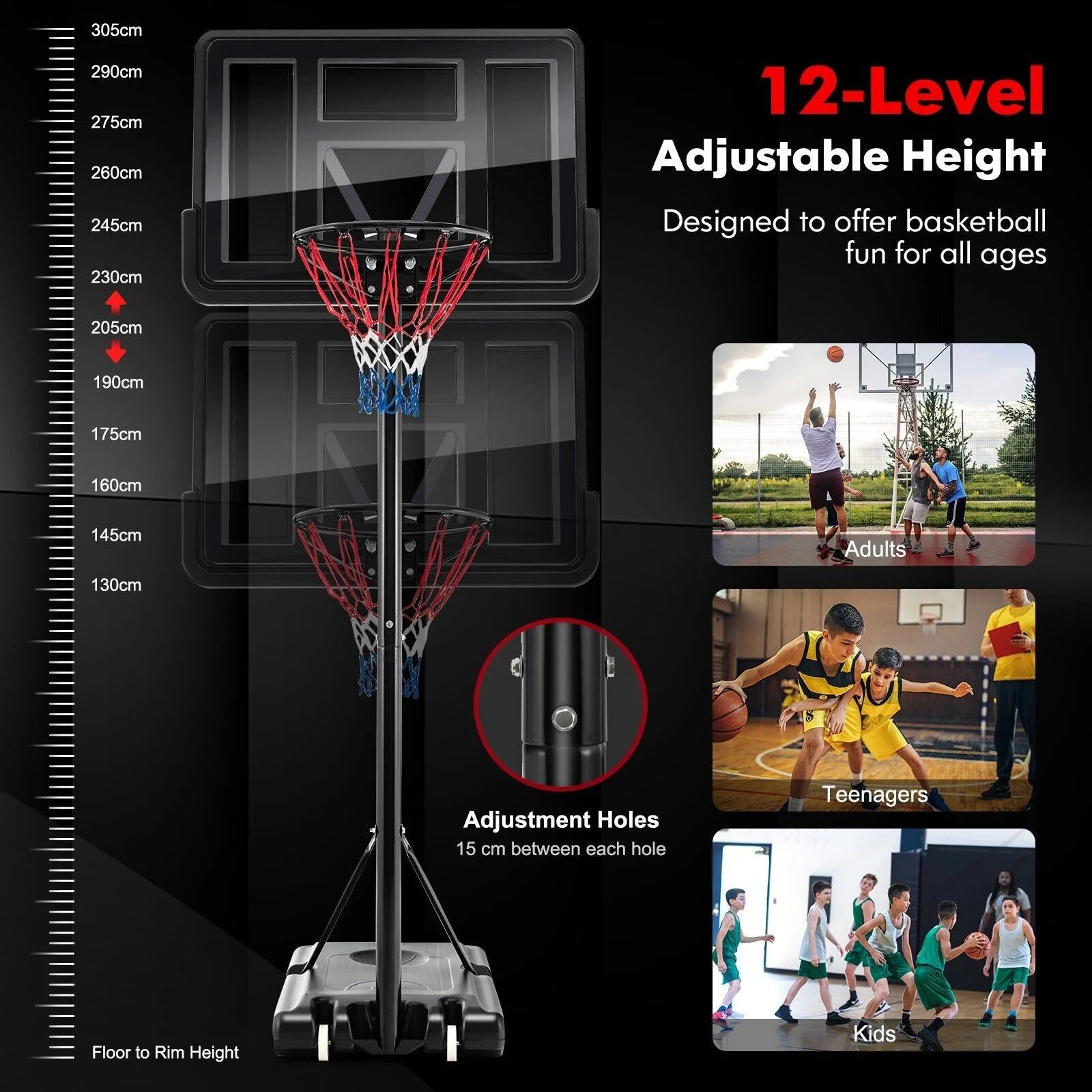 135-305Cm Adjustable Basketball Hoop System with 2 Nets