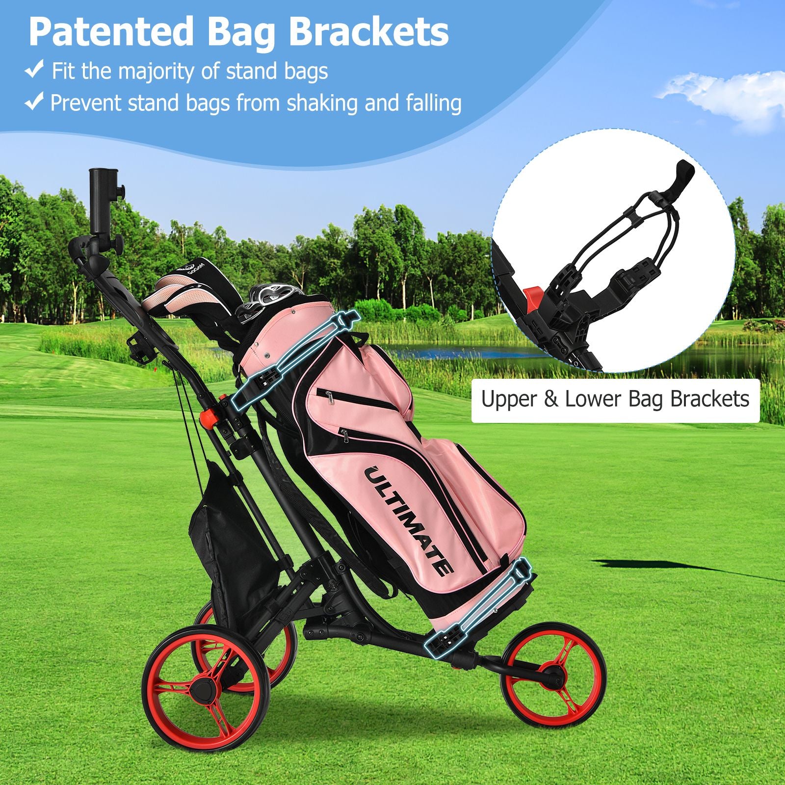 3 Wheel Golf Push Pull Cart with Adjustable Height Handle
