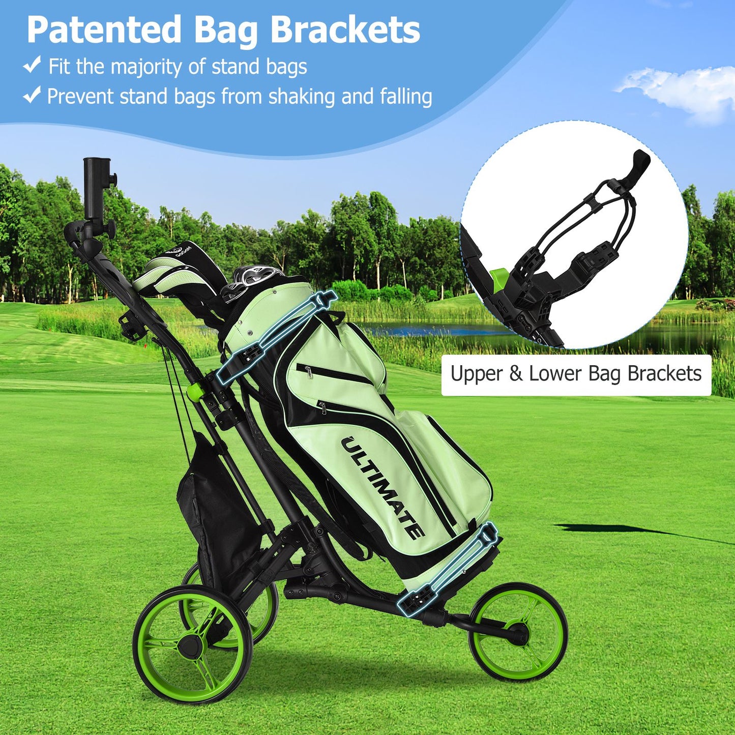 3 Wheel Golf Push Pull Cart with Adjustable Height Handle
